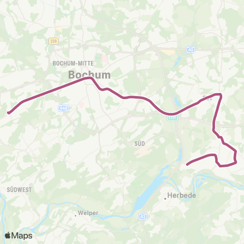 VRR BO-WAT-Höntrop - Bochum Hbf - Altenbochum - Laer - Langendreer - WIT-Papenholz - Rathaus - Heven map