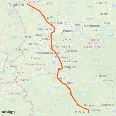 VRS Wesel - Oberhausen - Duisburg - Düsseldorf - Köln - Bonn - Koblenz map