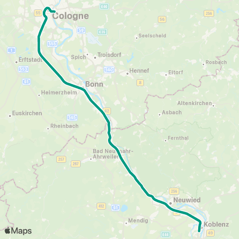 VRS Mönchengladbach - Pulheim - Köln - Troisdorf - Bonn-Beuel - Neuwied - Koblenz map
