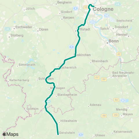 VRS Köln - Erftstadt - Euskirchen - Kall - Jünkerath - Gerolstein - Trier map