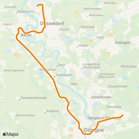 VRS Düsseldorf Flughafen - Düsseldorf - Neuss - Dormagen - Köln - Bergisch Gladbach map