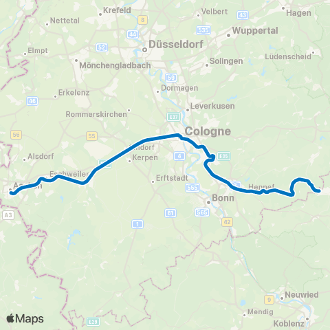 VRS Düren - Horrem - Köln - Köln / Bonn Flughafen - Troisdorf - Siegburg / Bonn - Hennef - Au (Sieg) map