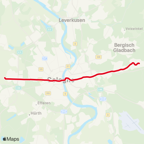 vrs Köln-Weiden West - Weiden Zentrum - Junkersdorf - Rheinenergie-Stadion - Braunsfeld - Rudolfplatz - Neumarkt - Bf Deutz / Messe - Kalk - Höhenberg - Merheim - Köln-Brück - Bergisch Gladbach-Lustheide - Refrath - Kippekausen - Frankenforst - Bergisch Gladbach-Bensberg map
