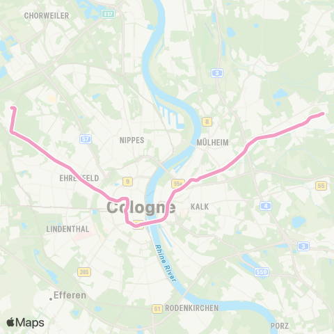 vrs Köln Görlinger Zentrum - Bocklemünd - Bickendorf - Bf Ehrenfeld - Friesenplatz - Neumarkt - Severinstr. - Bf Deutz / LANXESS arena S - Koelnmesse - Stegerwaldsiedlung - Buchforst - Buchheim - Holweide - Dellbrück - Köln Thielenbruch map