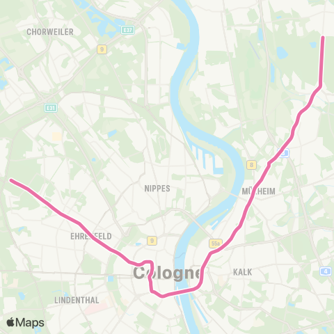 vrs Köln-Bocklemünd - Bickendorf - Bf Ehrenfeld - Friesenplatz - Neumarkt - Severinstr. - Bf Deutz / LANXESS arena S - Koelnmesse - Stegerwaldsiedlung - Mülheim Wiener Platz - Höhenhaus - Köln-Dünnwald - Schlebusch map