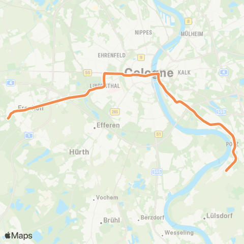 vrs Frechen-Benzelrath - Frechen Rathaus - Köln-Marsdorf - Lindenthal - Stadtwaldgürtel - Melaten - Rudolfplatz - Neumarkt - Heumarkt - Deutz - Siegburger Str. - Poll - Westhoven - Ensen - Porz - Köln-Zündorf map