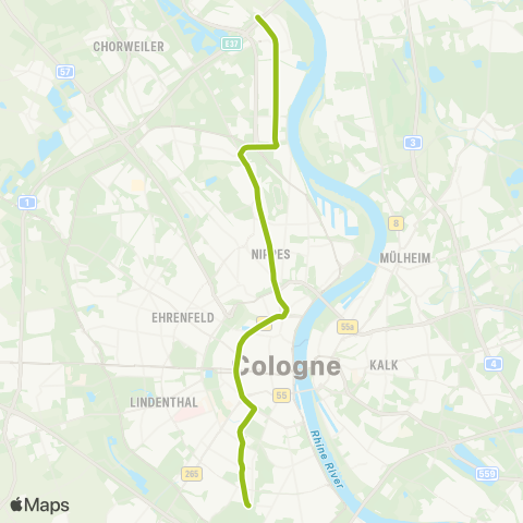 vrs Köln-Zollstock - Eifelstr. - Barbarossaplatz - Zülpicher Platz - Rudolfplatz - Friesenplatz - Hansaring - Ebertplatz - Nippes - Weidenpesch - Niehl Nord - Fordwerke - Köln-Merkenich map