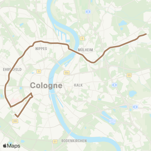 vrs Köln Sülzgürtel - Lindenthalgürtel - Stadtwaldgürtel - Melatengürtel - Ehrenfeldgürtel - Geldernstr. / Parkgürtel - Neusser Str. / Gürtel - Riehl - Mülheim Wiener Platz - Bf Mülheim - Buchheim - Holweide Vischeringstr. - Köln Thielenbruch map