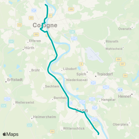 vrs Bonn-Bad Godesberg - Heussallee / Museumsmeile - Bonn Hbf - Tannenbusch - Bornheim-Hersel - Urfeld - Wesseling - Rodenkirchen - Ubierring - Chlodwigplatz - Barbarossaplatz - Neumarkt - Dom / Hbf - Ebertplatz - Kinderkrankenhaus - Amsterdamer Str. - Köln-Niehl Sebastianstr. map