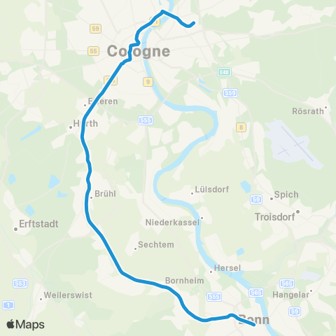 vrs Bonn Hbf - Dransdorf - Alfter - Bornheim - Brühl - Hürth - Klettenberg - Barbarossaplatz - Neumarkt - Dom / Hbf - Ebertplatz - Zoo / Flora - Mülheim Wiener Platz - Bf Mülheim - Köln Buchheim map