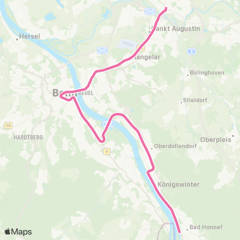 vrs Bad Honnef - Königswinter - Bonn-Oberkassel - Ramersdorf - Heussallee / Museumsmeile - Bonn Hbf - Beuel - Sankt Augustin - Siegburg Bf map