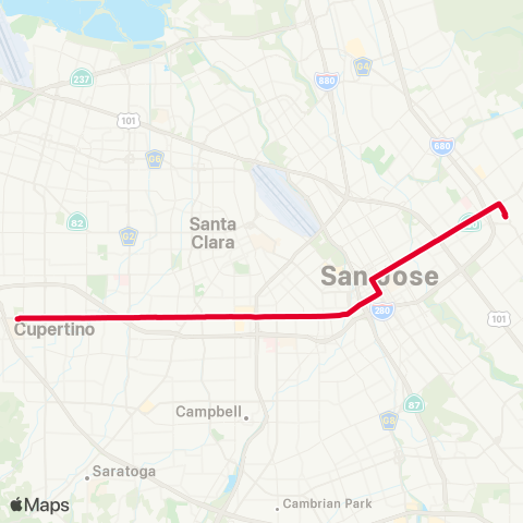 VTA De Anza Coll - Alum Rock via Stevens Crk map