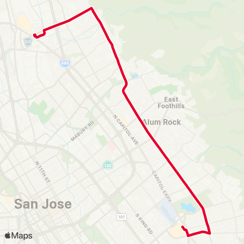VTA Milpitas BART - Eastridge via White map