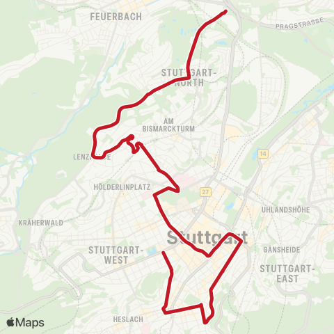 VVS Pragsattel - Rotebühlplatz (Stadtmitte) - Feuersee map