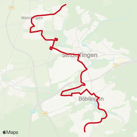 VVS Böblingen Diezenhalde - Reiterhof - Bahnhof - Flugfeld - Sindelfingen ZOB - Maichingen - Landhaussiedlung ( - Waldfriedhof) map