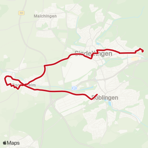 VVS Sindelf. Viehweide - ZOB - Dagersheim - Darmsheim - (Böblingen ZOB) map