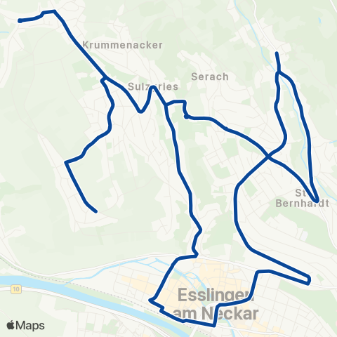 VVS Esslingen (N) ZOB - Wäldenbronn - Wiflingshausen - Sulzgries - Rüdern - Neckarhalde - Sulzgries - Esslingen (N) ZOB map