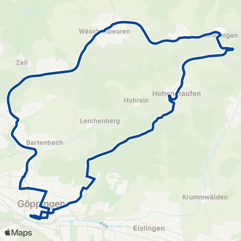 VVS Göppingen ZOB - Bartenbach - Rechberghausen - Birenbach - Wäschenbeuren - Maitis - Lenglingen - Hohenstaufen - Göppingen map