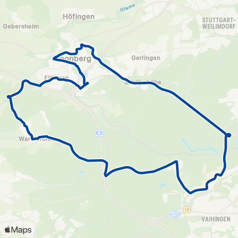 VVS Universität - Gerlingen Schillerhöhe - Leonberg Bf - Ramtel - Eltingen - Warmbronn - Universität map