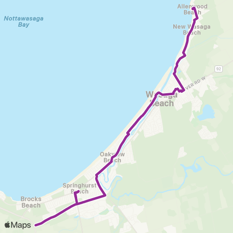 Wasaga Beach Transit Route 1 - West Bound map