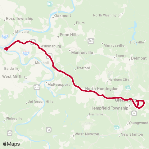 Westmoreland Transit Greensburg - Pittsburgh Flyer map