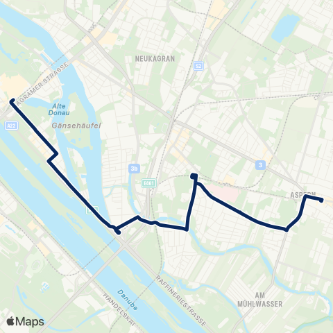 Wiener Linien Kaisermühlen V.I.C. - Aspern, Zachgasse Winterfahrplan map