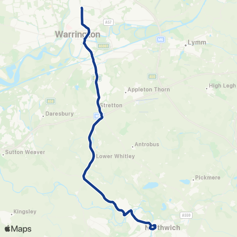 Warrington's Own Buses Warrington Vale Royal Coll - Northwich Bus Interchange map