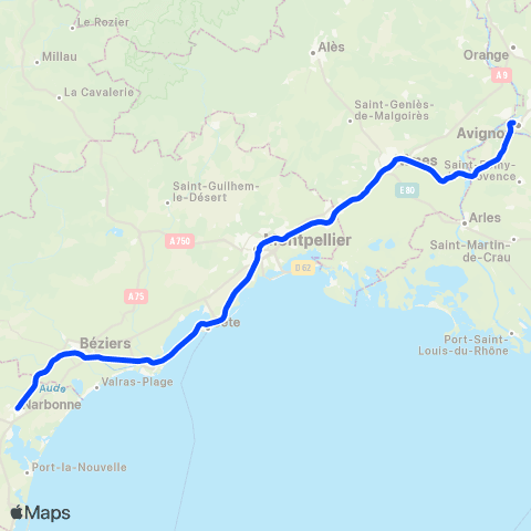 Zou Réseau express Montpellier Saint-Roch - Avignon Centre map