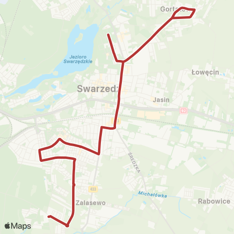 ZTM Poznań Zalasewo Os. Leśne - Swarzędz Os. Kościuszkowców|Swarzędz Os. Kościuszkowców - Zalasewo Os. Leśne map