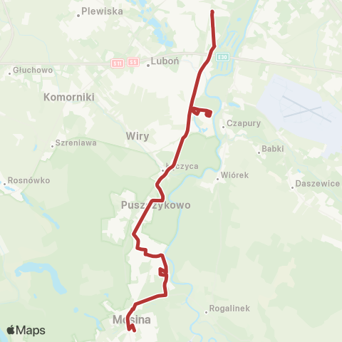 ZTM Poznań Dębiec PKM - Mosina Dworzec Kolejowy|Mosina Dworzec Kolejowy - Dębiec PKM map